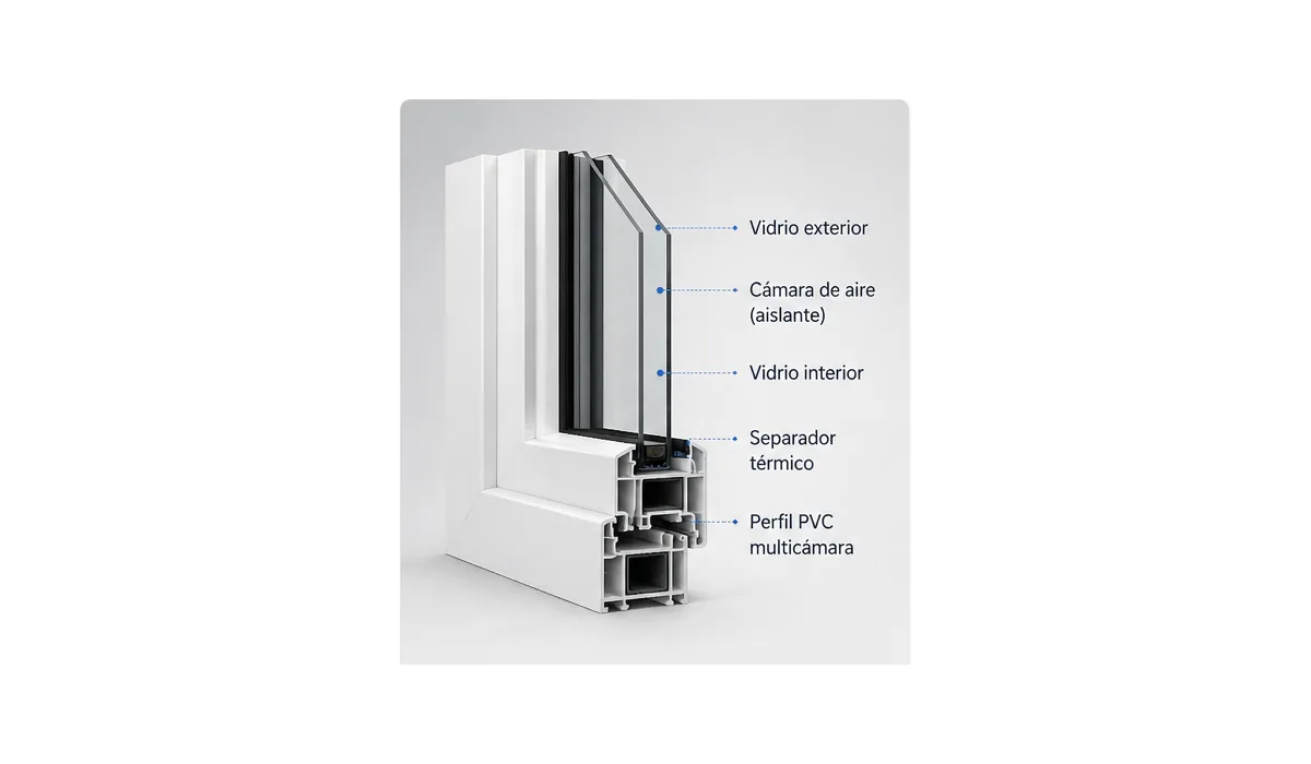 Corte técnico de ventana termopanel PVC con doble vidrio y cámara de aire